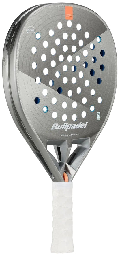 The Bullpadel Hack 04 Hybrid Cloud 2026 padel racket by Bullpadel features a hybrid shape, silver finish, blue circular holes, a white grip, and orange and blue accents on the face and neck.