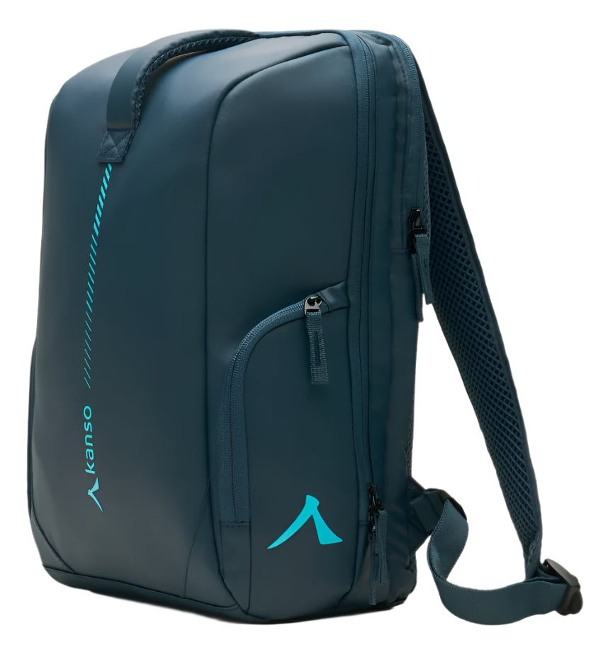 Introducing the Kanso Intuko Padel 23L Backpack: a stylish navy bag with top handle, adjustable straps, vertical blue stripe, reflective print, and the word "Kanso" on the front. It includes multiple zippers and a specialized racket compartment, effortlessly combining style and functionality.