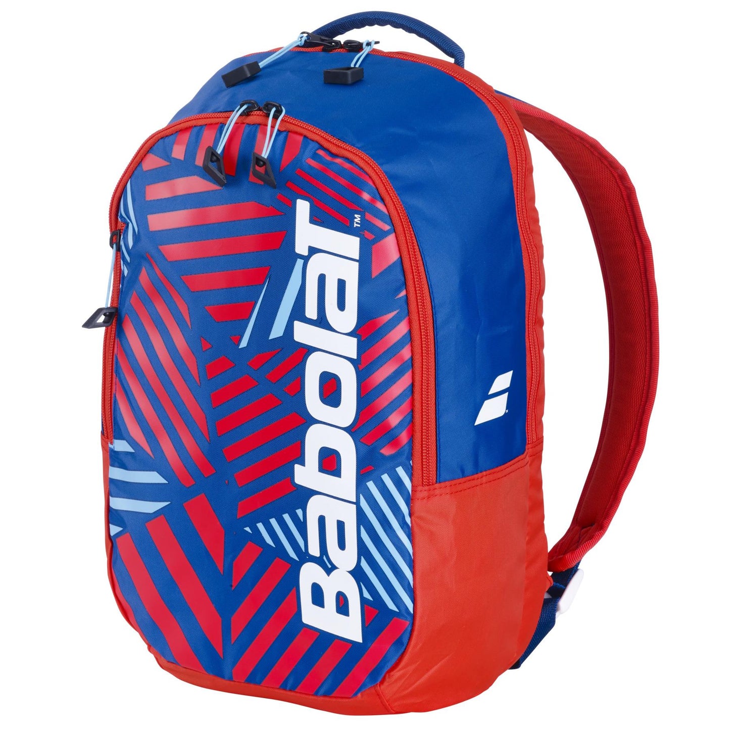 The Babolat Kids Padel Backpack in blue/red boasts bold geometric designs and large white brand lettering. Crafted from recycled materials, it includes two zippered compartments and adjustable shoulder straps, ideal for kids' padel gear.