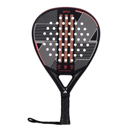 Introducing the ADIDAS Match 3.3 Padel Racket - Black / Red, a racket designed specifically for beginner players by adidas. It features a round head with white dots and striking red accents. Crafted from durable fiberglass, this racket comes with a convenient wrist strap on the grip for enhanced control. The surface is embellished with stylish geometric patterns in shades of white and grey, combining aesthetics with functionality.