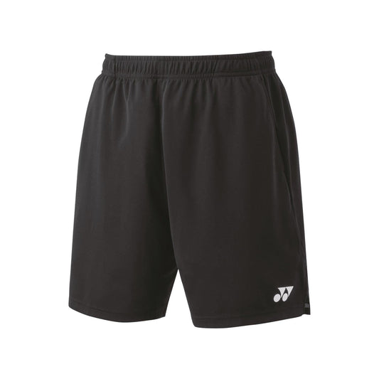 The Yonex 15170 Knit Men's Padel Shorts in black come with an elastic waistband and a subtle white logo on the lower left side. These shorts are designed with VeryCool Dry technology to ensure comfort and offer UV protection for sunny days.