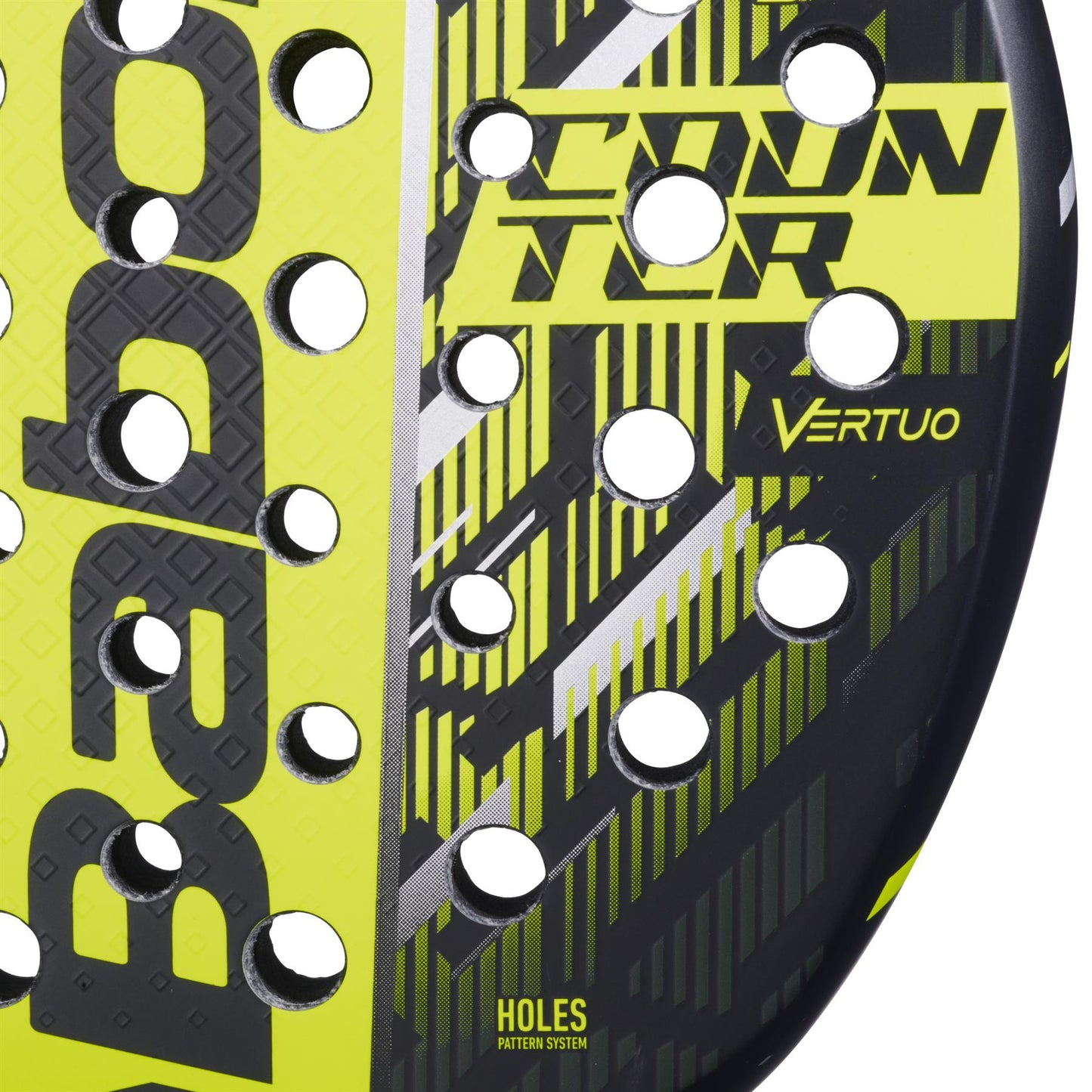 Close-up of the Babolat Counter Vertuo 2.5 Padel Racket in Black/Yellow, highlighting its striped design, multiple round holes, and signature branding—perfect for counter strikers focused on precision and style.