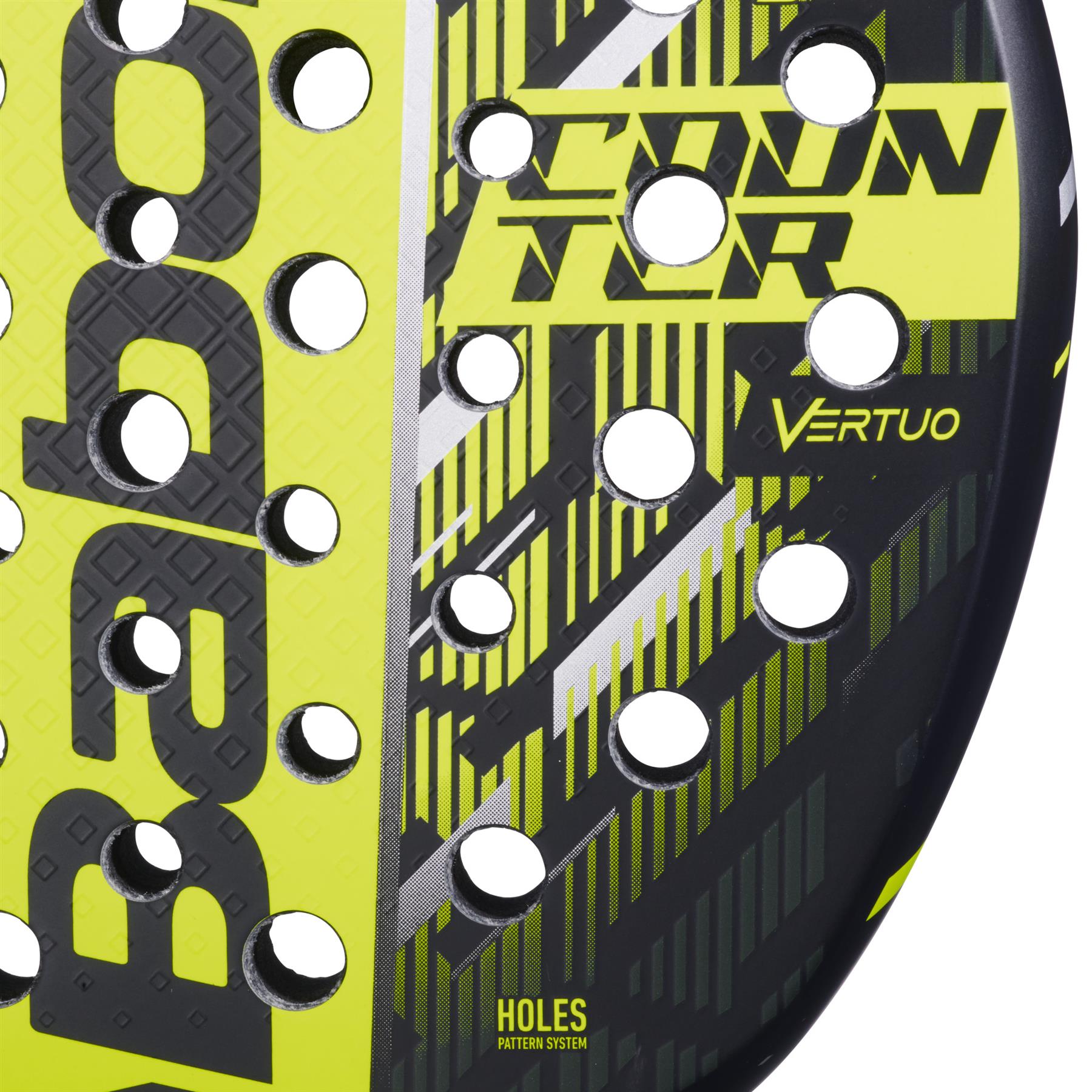 Close-up of the Babolat Counter Vertuo 2.5 Padel Racket in Black/Yellow, highlighting its striped design, multiple round holes, and signature branding—perfect for counter strikers focused on precision and style.