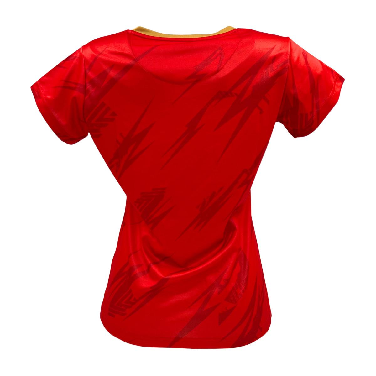 The Yonex YTL8 Women's Padel T-Shirt in Red/Gold features a back view of a red sports jersey with a yellow collar. Made from moisture-wicking polyester, its shiny fabric displays darker red abstract patterns. It’s designed for performance with short sleeves and a fitted shape.