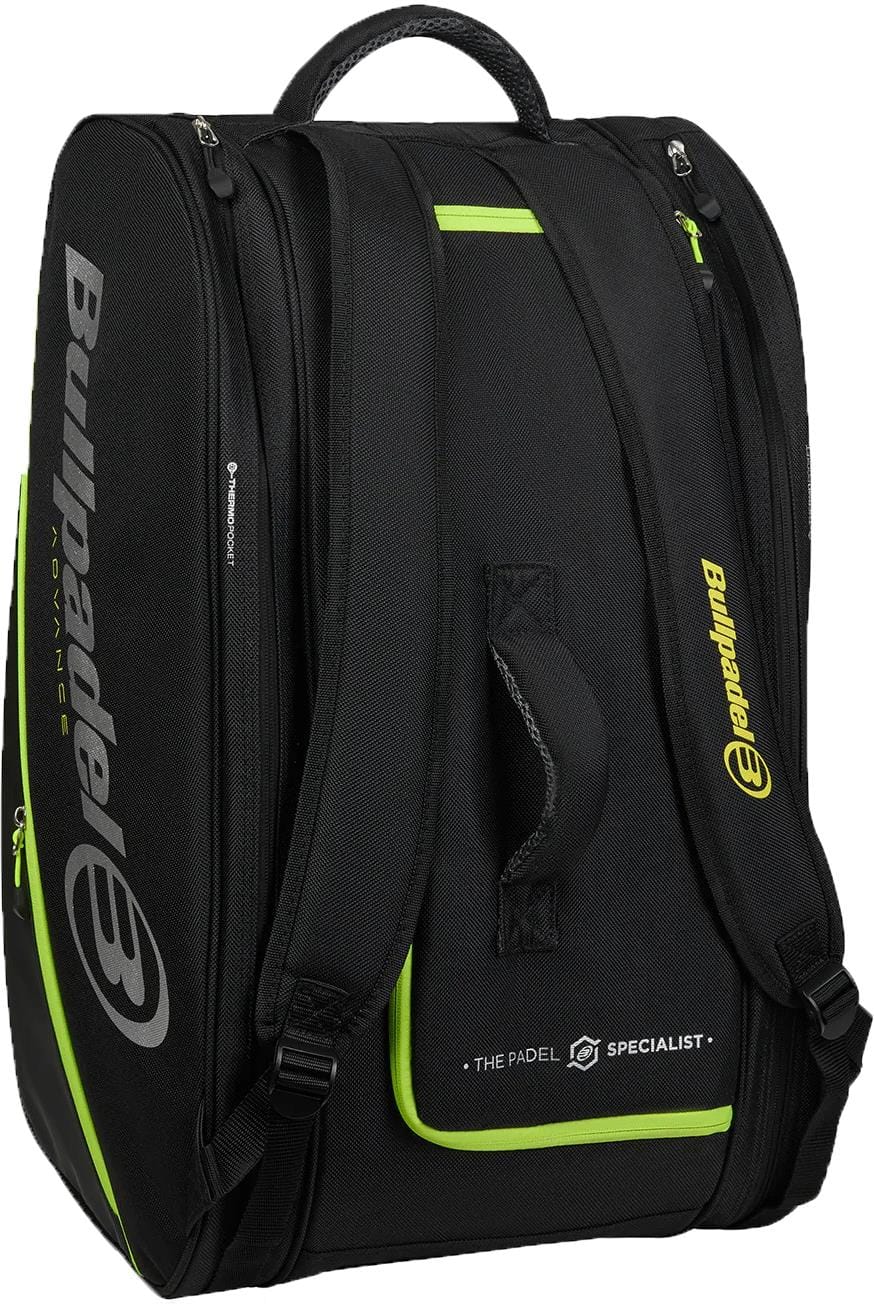 The Bullpadel BPP26014 Advance 2026 Padel Racket Bag in black/green offers thermal compartments, multiple pockets, top handle, two shoulder straps, and Bullpadel branding on the sides and front.