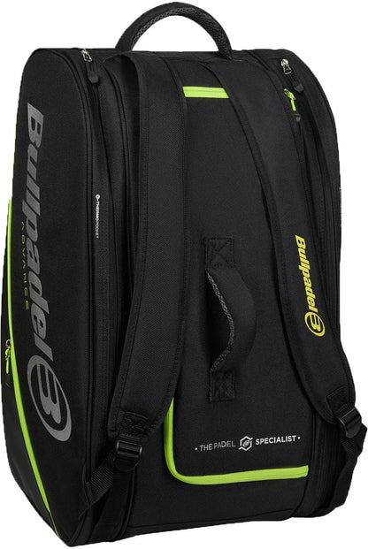 The Bullpadel BPP26014 Advance 2026 Padel Racket Bag in black/green offers thermal compartments, multiple pockets, top handle, two shoulder straps, and Bullpadel branding on the sides and front.