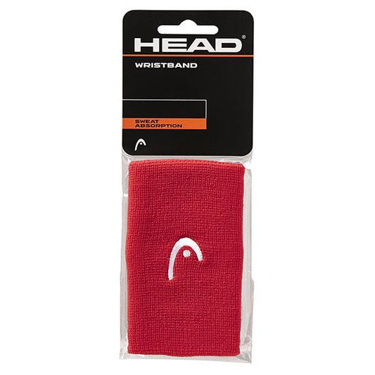 Packaging of the HEAD 5" Padel Wristband in red, showcasing the brand's logo and engineered for maximum sweat absorption and elasticity.