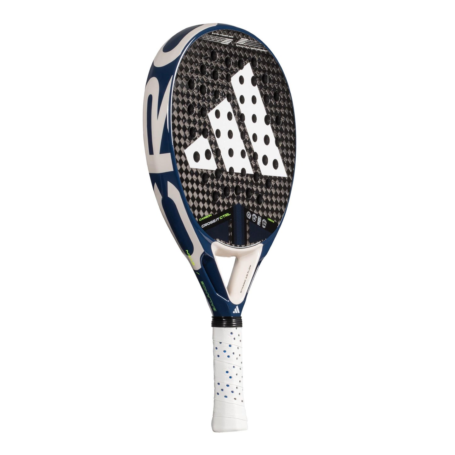 Explore the ADIDAS Cross It Carbon CTRL Padel Racket, designed with Carbon 6K for exceptional control. Its black and white carbon fiber body features a textured surface with circular holes and a blue grip handle, while prominent adidas branding enhances its distinctive look.