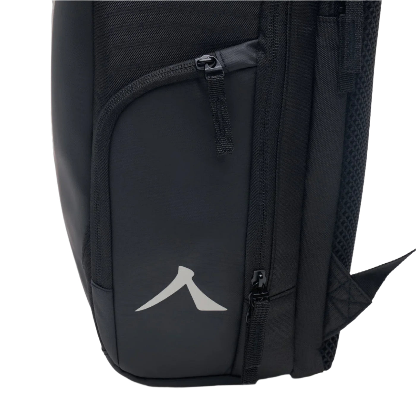 Close-up of the Kanso Intuko Badminton 23L Backpack in black, featuring a white logo on the side pocket. This everyday companion showcases a modern style with zipper details and a durable, sleek aesthetic.