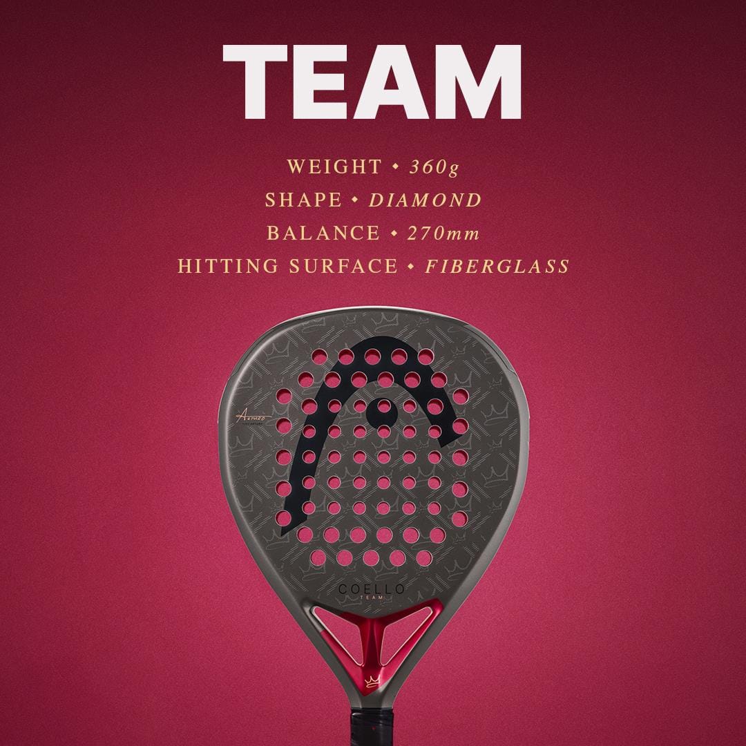 The HEAD Coello Team 2026 Padel Racket by HEAD, in black and red, is shown on a red background. Features listed above: 360g weight, diamond shape, 270mm balance, fiberglass surface, and Auxetic 2.0 technology.