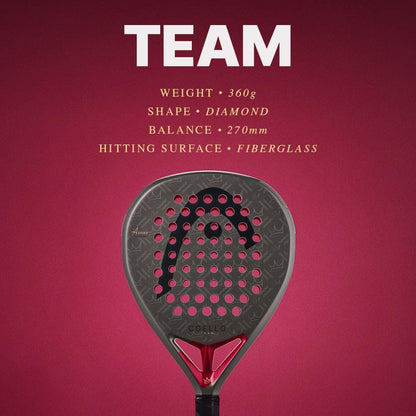 The HEAD Coello Team 2026 Padel Racket by HEAD, in black and red, is shown on a red background. Features listed above: 360g weight, diamond shape, 270mm balance, fiberglass surface, and Auxetic 2.0 technology.