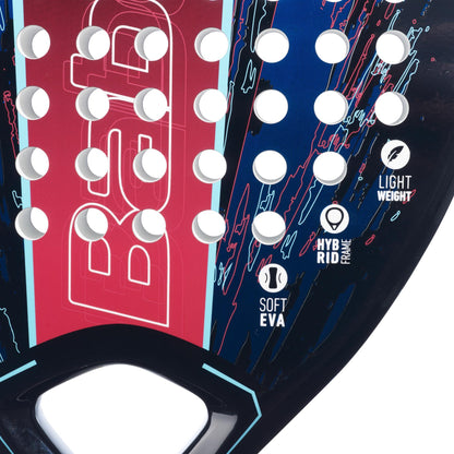 A close-up of the Babolat Contact Padel Racket showcases its design tailored for beginner padel players. This racket, with a striking black and blue color scheme, features circular perforations that enhance control. The text highlights key features such as "Soft EVA," "Light Weight," and "Hybrid Frame," with the handle partially visible at the bottom.