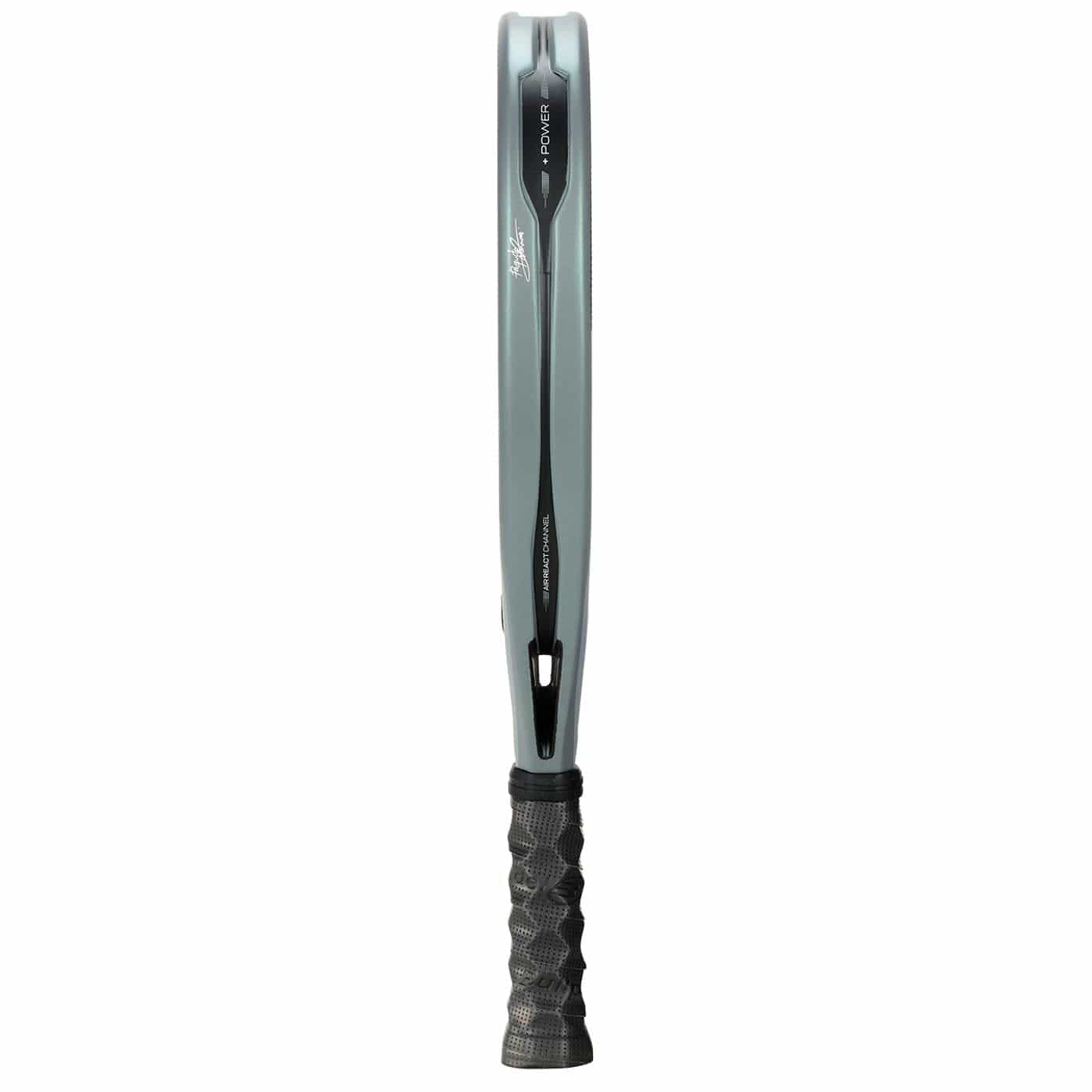 The Bullpadel HACK 04 2026 Padel Racket in black and grey, shown vertically from the side with a textured black grip and gray frame—resembling a tennis racket’s silhouette—set against a white background. Brand: Bullpadel.