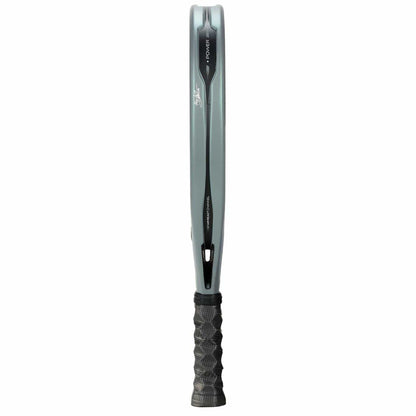 The Bullpadel HACK 04 2026 Padel Racket in black and grey, shown vertically from the side with a textured black grip and gray frame—resembling a tennis racket’s silhouette—set against a white background. Brand: Bullpadel.