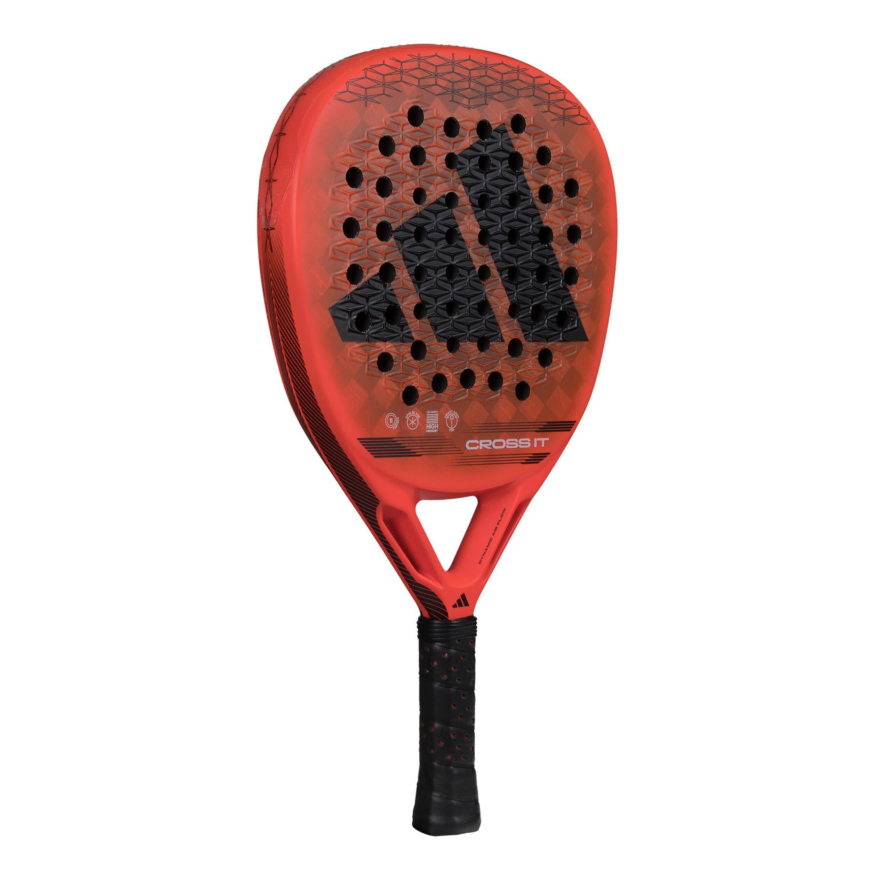 The ADIDAS Cross It Padel Racket - Red by adidas features a striking red color with a black geometric pattern on the face and a centrally placed logo. Its textured black handle enhances power and spin, while the sleek design includes an innovative Spin Blade Mold for improved performance.