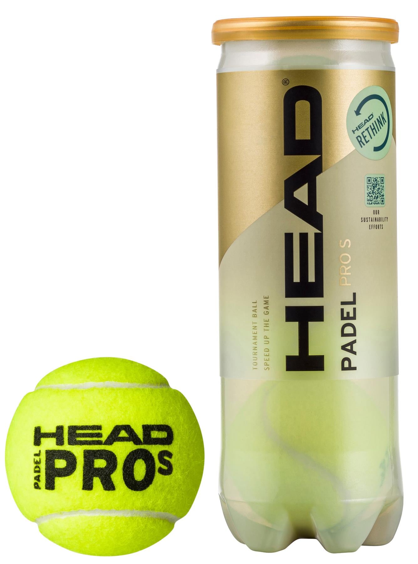 A tube of HEAD Padel Pro S Padel Balls - 3 Ball Tube, adorned with a gold lid, sits beside a single yellow tournament ball. The tube prominently displays "HEAD" and "Padel Pro S," emphasizing its esteemed selection for padel tournaments.