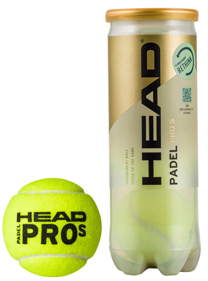 A tube of HEAD Padel Pro S Padel Balls - 3 Ball Tube, adorned with a gold lid, sits beside a single yellow tournament ball. The tube prominently displays "HEAD" and "Padel Pro S," emphasizing its esteemed selection for padel tournaments.