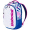 The Babolat Kids Padel Backpack in blue, white, and pink sports a white front with pink and blue abstract patterns and flowers. Its main compartment is white with a pink logo, while the sides/base are blue. Designed for young players, it features adjustable pink and black straps for comfort.