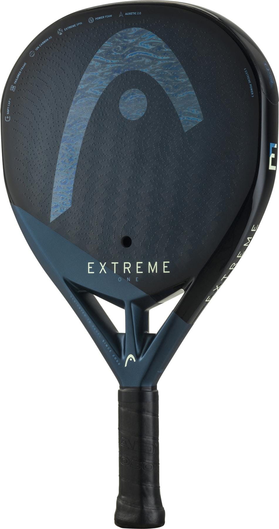 The HEAD Extreme One 2025 Padel Racket in black/blue features "EXTREME" on the face, a textured grip, durable 12K Carbon Fibre construction, and the HEAD logo near the top.