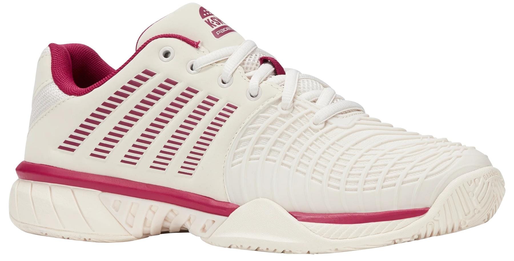 The K-Swiss Express Light 3 Women's Padel Shoes feature a white design with pink accents, including pink stripes and lining. Lightweight with white laces and a textured sole, they're perfect for comfort and grip on the padel court.