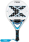 The NOX Equation Soft Advanced 2026 Padel Racket features a white frame, large black and blue "X" design, circular perforations, anti-vibration system, black grip with blue NOX tape, and a blue wrist strap on the handle.