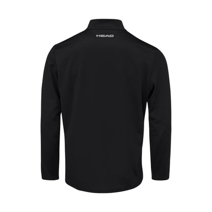 Viewed from the back, the black long-sleeve HEAD Club Men's Easy Court Tracksuit jacket showcases a subtle logo at the upper back. Made with Moisture Transfer Microfiber for a smooth finish, this jacket is an ideal addition to any padel tracksuit ensemble with its simple collar design.