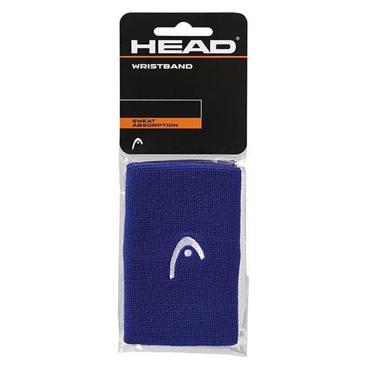 The packaging for the HEAD 5" Padel Wristband - Blue displays a blue wristband crafted for optimal sweat absorption and elasticity. It prominently features the distinctive Head logo on a stylish black package, highlighted with striking white and orange text, seamlessly blending style with performance.