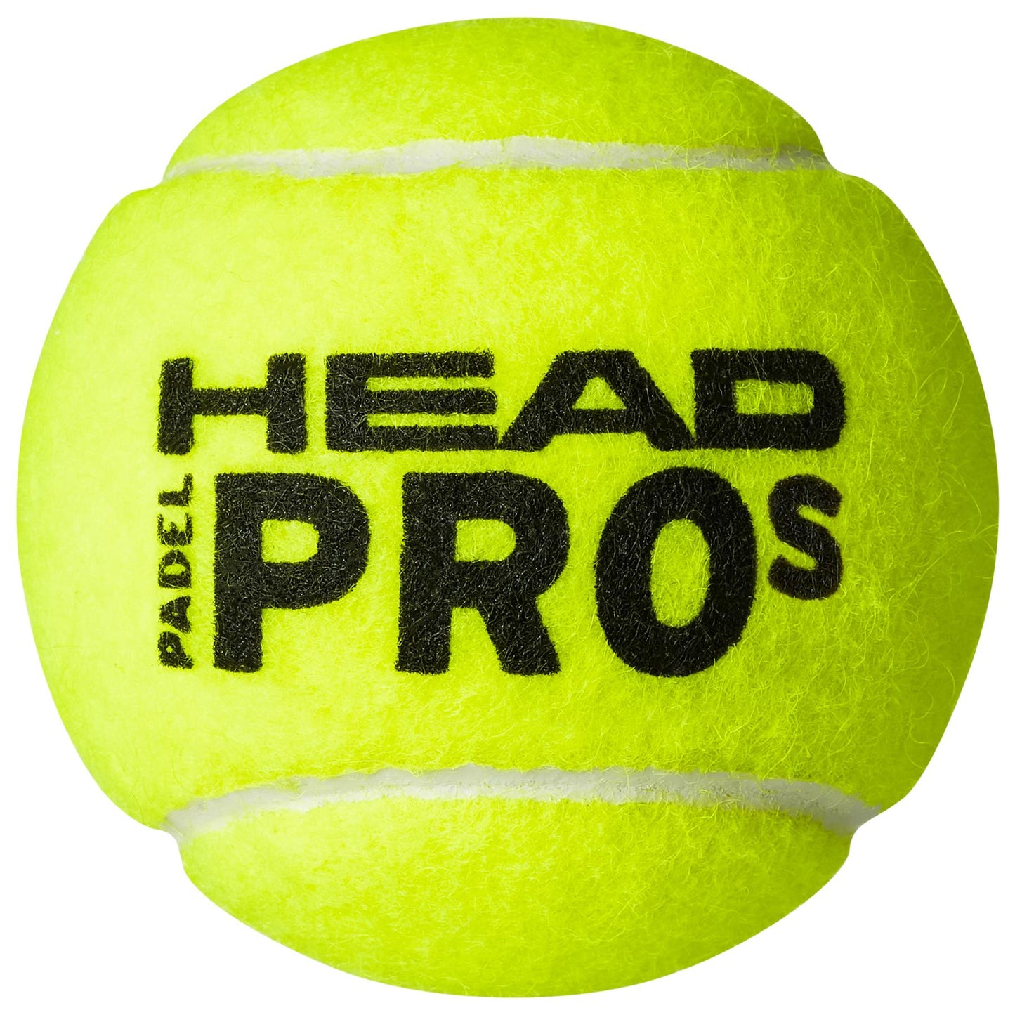 A close-up of the vibrant yellow HEAD Padel Pro S ball, favored in tournament play, featuring the "HEAD PRO" logo in black, a subtly textured surface, and noticeable stitching.