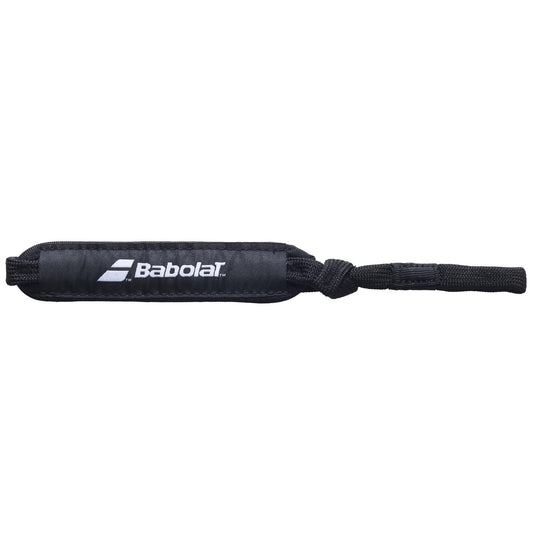 The Babolat Padel Wrist Strap - Black by Babolat features a black design with the logo in white and includes a removable wrist strap and padded section. The adjustable cord ensures a secure fit for all Babolat rackets.