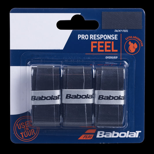 A pack of Babolat Pro Response Padel Overgrip X3 - Black, ideal for padel. The set contains three black overgrips featuring the white Babolat logo, offering an extra tacky feel and marked as "Used on Tour.