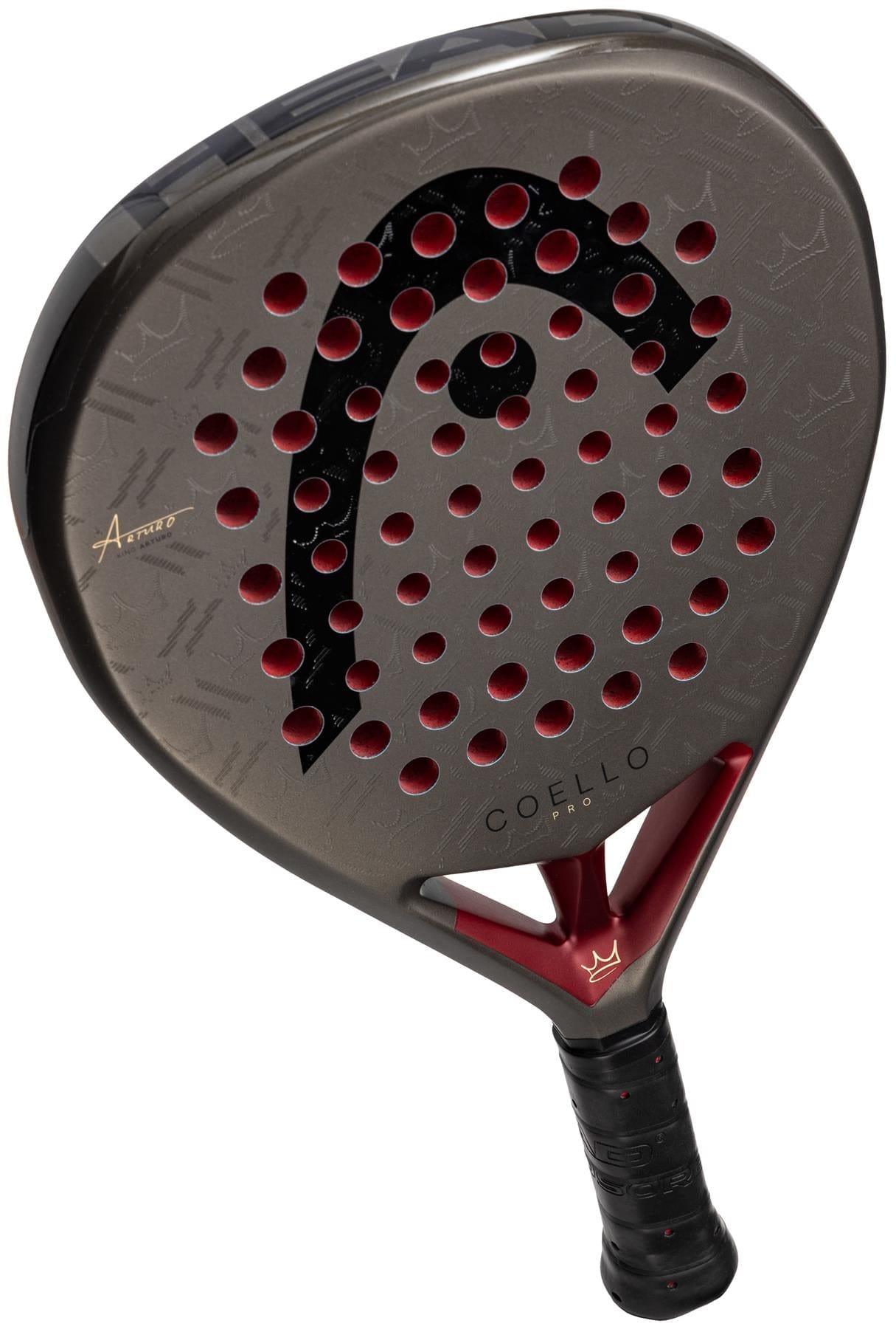 A close-up of the HEAD Coello Pro 2026 Padel Racket shows a black and red racket with circular holes, a carbon hybrid hitting surface, "COELLO" on the face, and a black grip handle. Brand: HEAD.