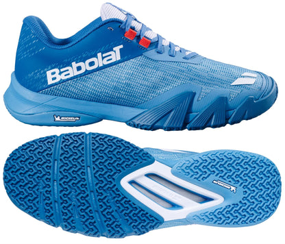 The Babolat Jet Viva Men's Padel Shoes in Blue Moon/Seaport are lightweight, featuring a textured sole, white Babolat branding, and red accents near the laces. Shown from the side and bottom.