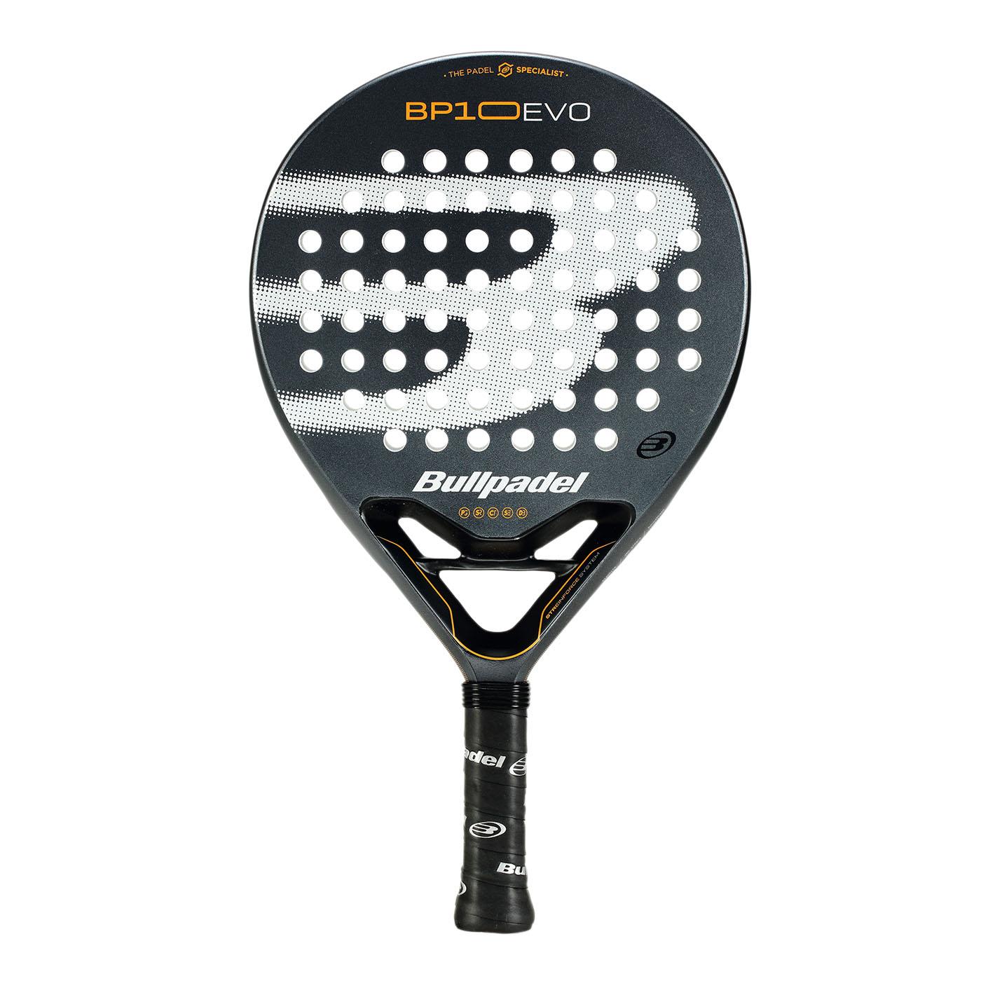 The Bullpadel BP10 EVO 2025 Padel Racket features a stylish black and grey design with a white "B" logo, Polyglass fiberglass, multiple round holes, orange accents, and a handle with black grip tape showing the Bullpadel logo.