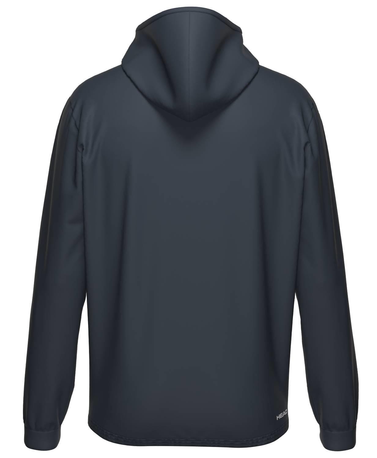 The HEAD Topspin Mens Padel Hoodie - NVXU, shown from the back in a dark color, features long sleeves, a loose fit, a center hood seam, and advanced moisture transfer microfibre—ideal for men’s sportswear.