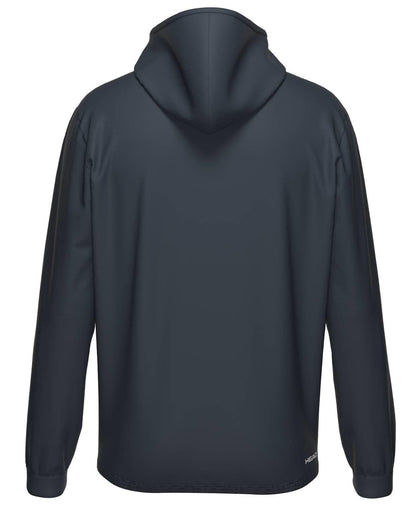 The HEAD Topspin Mens Padel Hoodie - NVXU, shown from the back in a dark color, features long sleeves, a loose fit, a center hood seam, and advanced moisture transfer microfibre—ideal for men’s sportswear.