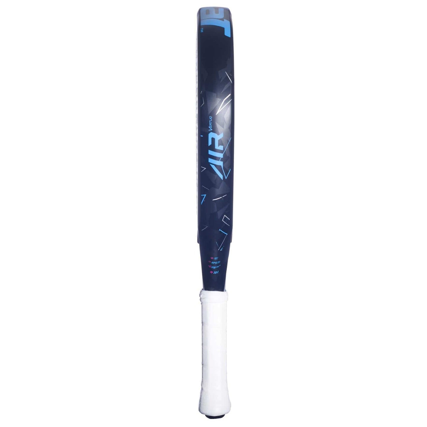 The Babolat Air Vertuo 2.5 Padel Racket - Blue features a dark blue design with geometric patterns and "AIR" in light blue, plus a white grip tape for comfort. Inspired by Babolat’s quality craftsmanship.
