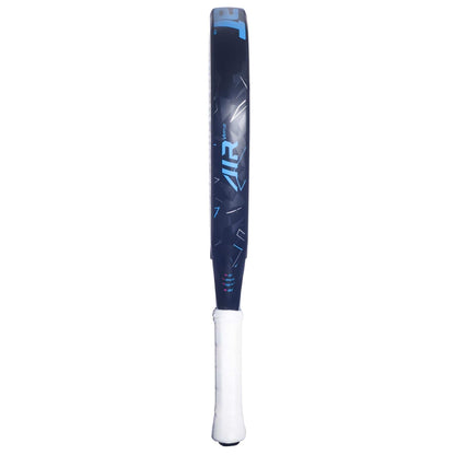The Babolat Air Vertuo 2.5 Padel Racket - Blue features a dark blue design with geometric patterns and "AIR" in light blue, plus a white grip tape for comfort. Inspired by Babolat’s quality craftsmanship.