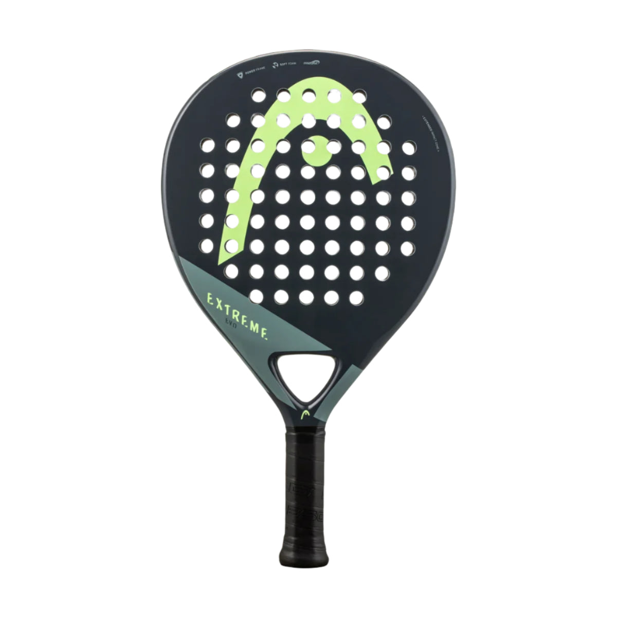 The HEAD Evo Extreme 2023 Padel Racket in black and green features Innegra technology, a unique hole pattern, and a central logo on a white background. "Extreme" is displayed on the side for added style.