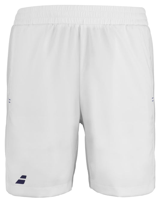 Made by Babolat, the Babolat Play Men's Padel Shorts in white are designed with recycled polyester fabric, featuring an elastic waistband and subtle navy accents on the sides for a perfect blend of comfort and style.