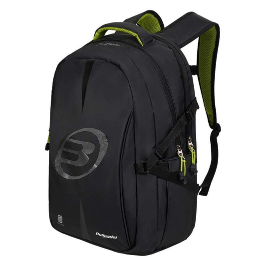 The Bullpadel BPM26022 XPLO Padel Backpack in black features green accents, multiple zippered compartments, adjustable straps, and a large "B" logo—perfect for carrying your gear like the pros.