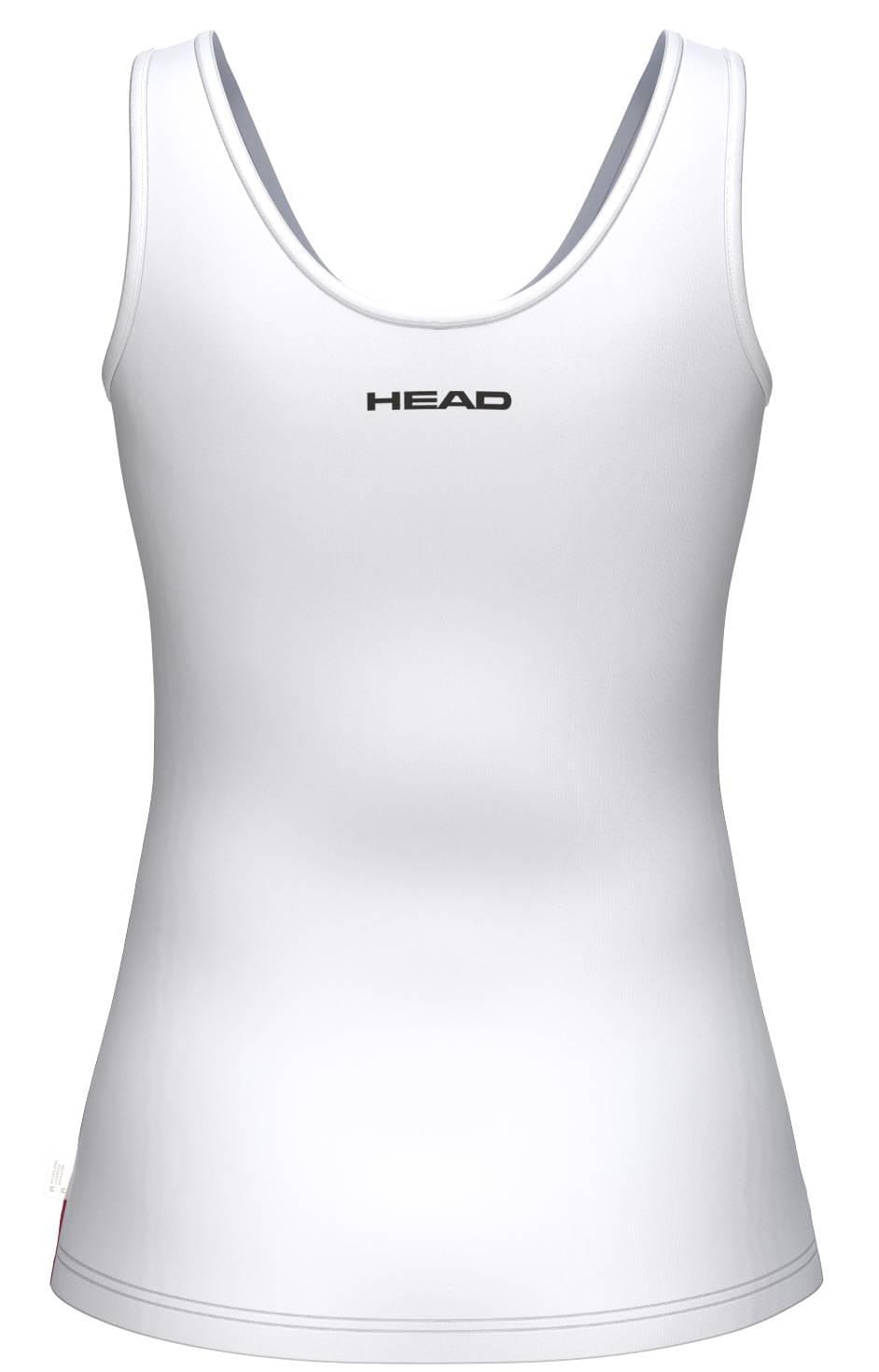 The HEAD Blur Womens Padel Tank Top - ROXU is a white, sleeveless tank with a scoop neck and "HEAD" printed on the upper back—ideal breathable sportswear for your next match.