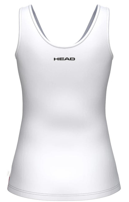 The HEAD Blur Womens Padel Tank Top - ROXU is a white, sleeveless tank with a scoop neck and "HEAD" printed on the upper back—ideal breathable sportswear for your next match.