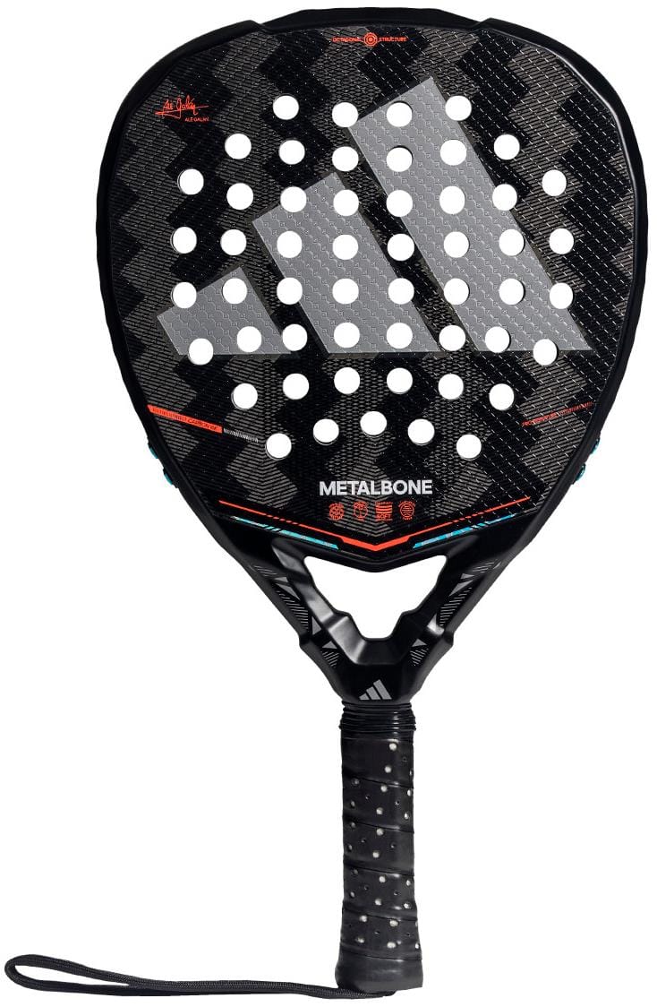 The adidas Metalbone by Ale Galán 2026 Padel Racket - Black features a textured surface, multiple face holes, black grip, wrist strap, and adjustable weight technology for custom play.