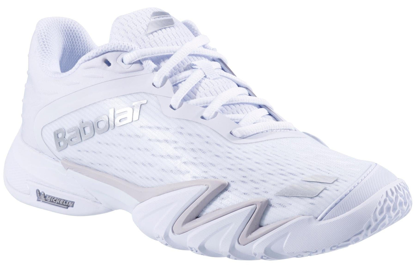 The Babolat Premura 3 Womens Padel Shoes in white and silver feature mesh fabric, silver accents, and a textured sole—ideal for women seeking top court performance.