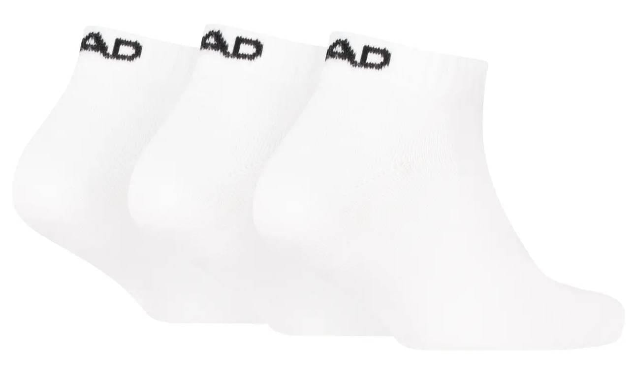 Three pairs of HEAD All Sport Sneaker Padel Socks in white are shown side by side, each with a black HEAD logo on the cuff and cushioned soles for comfort.