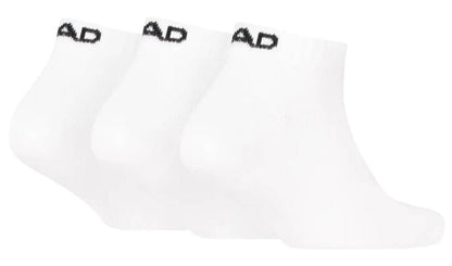Three pairs of HEAD All Sport Sneaker Padel Socks in white are shown side by side, each with a black HEAD logo on the cuff and cushioned soles for comfort.
