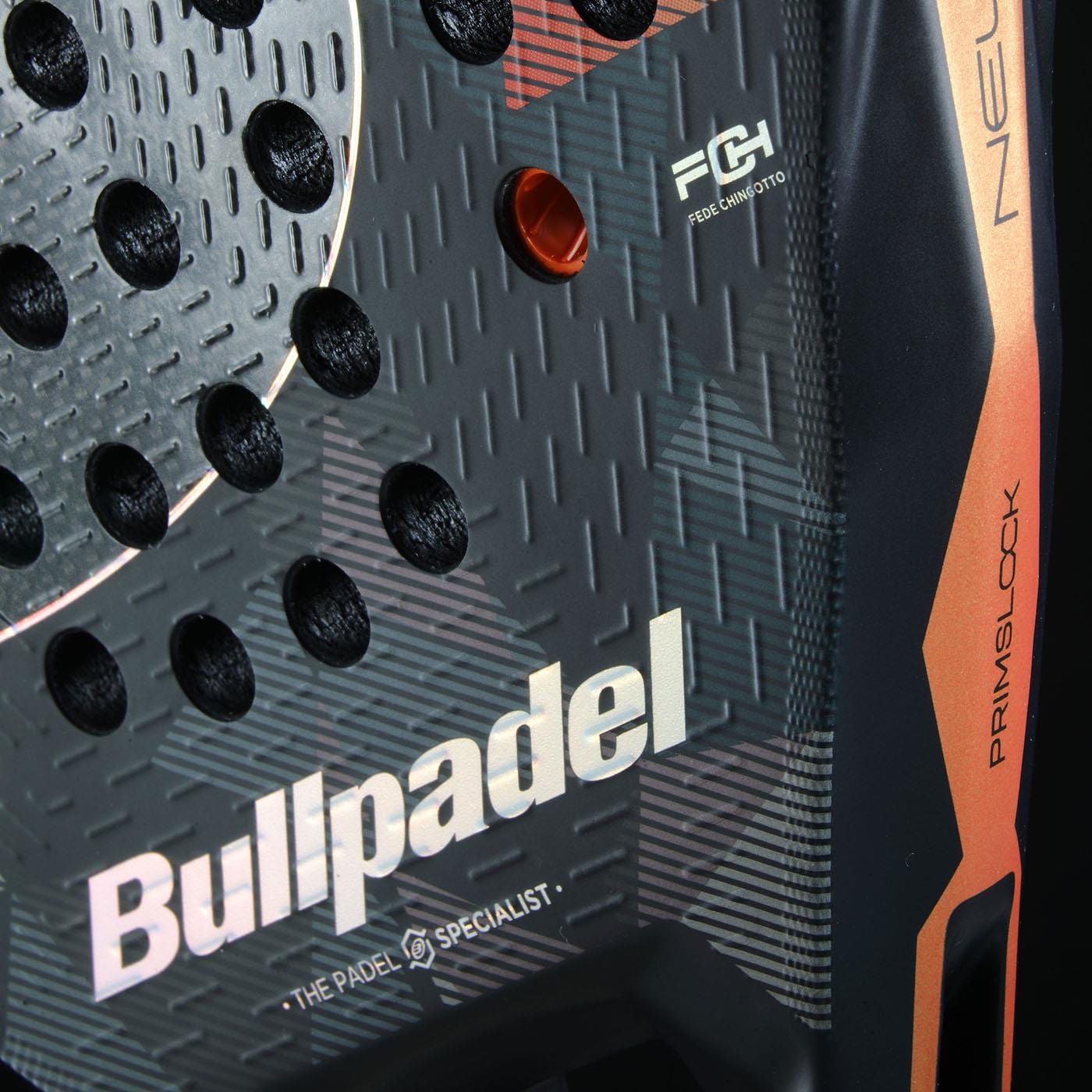 Close-up of the Bullpadel Neuron 02 Edge 2026 Padel Racket in black and red, showcasing its textured surface, bold Bullpadel branding, and technical features like PrismLock technology.