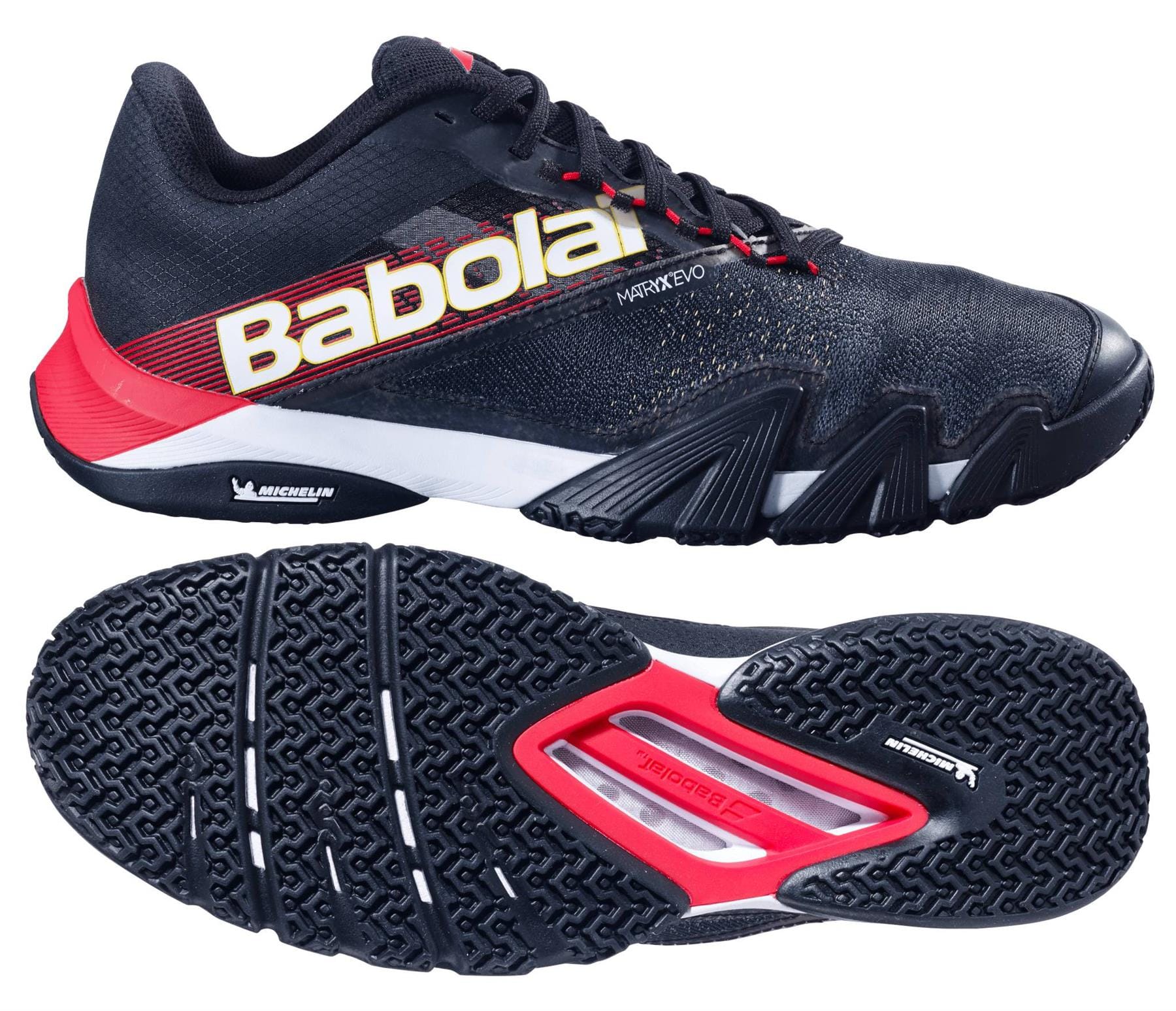 The Babolat Jet Premura 2 Men's Padel Shoes in Black/Tomato Red are shown from the side and bottom, featuring bold Babolat branding, a textured sole for traction, and a visible red support structure.