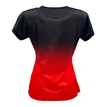 The Yonex YTL5 Women's Padel T-Shirt in Red/Black is a short-sleeved polyester athletic top with moisture-wicking technology. It boasts a stylish gradient from black to red, featuring a dotted blend pattern, ideal for female athletes who value performance and style.