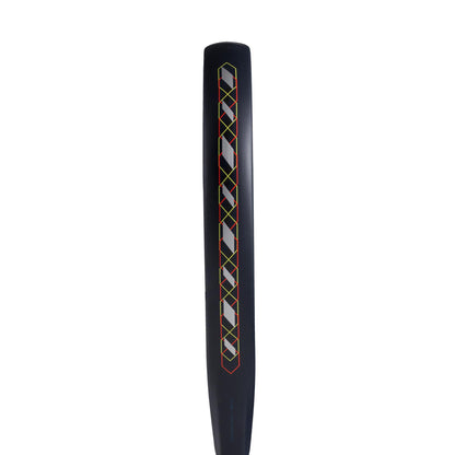 A black cylindrical object with a smooth, glossy finish displays colorful intersecting lines forming red, yellow, and green diamonds, similar to the vibrant design of the ADIDAS Match Blue 3.4 Padel Racket - Blue/Clear by adidas, exuding modern style and sportiness.